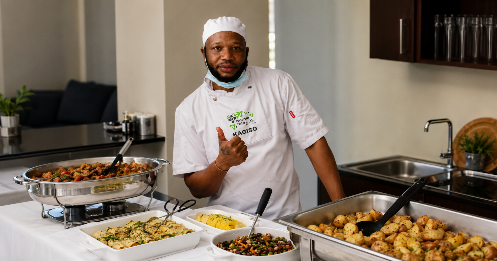 Chef Kagiso Mongale presenting a private dining spread in Johannesburg.