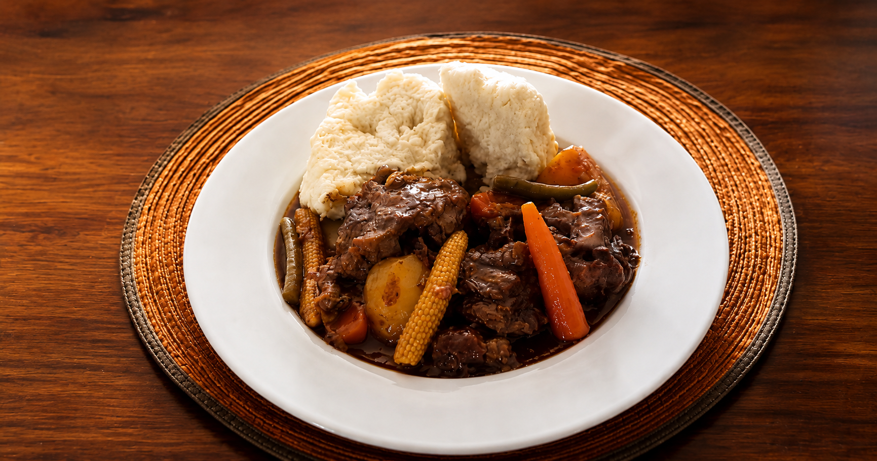 Oxtail stew with dombolo, baby vegetables and rich gravy served on a white plate