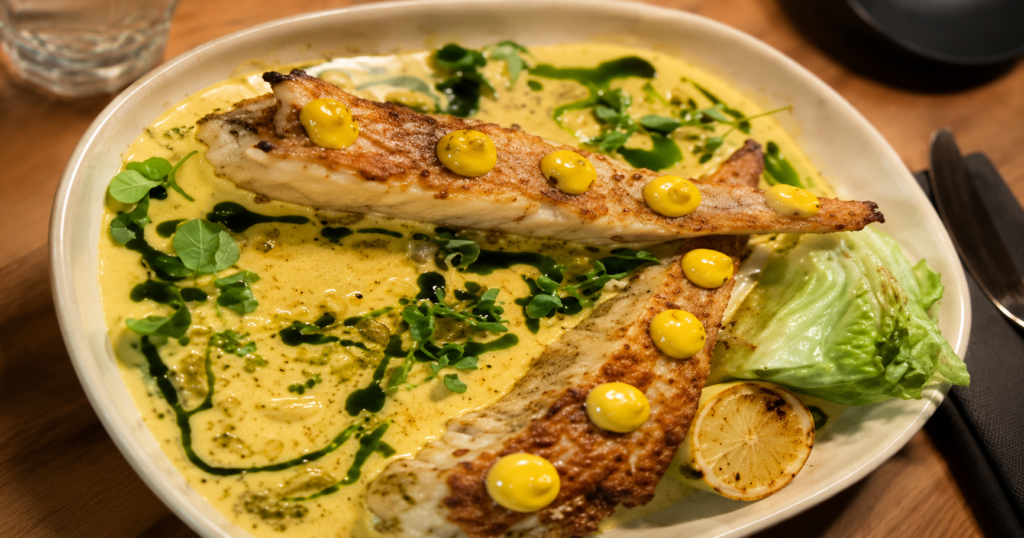 Pan-seared fish fillets served with creamy herb sauce, fresh greens and yellow sauce droplets by Chef Kagiso Mongale.