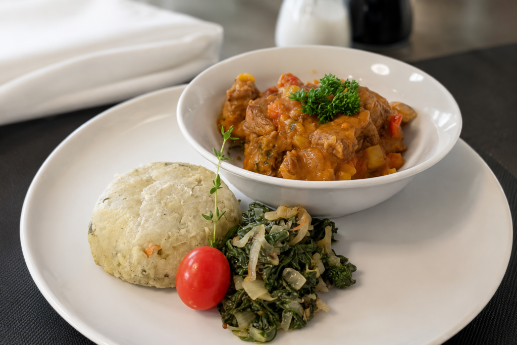 Traditional Congolese Madesu and Pondu elegantly plated with steamed fufu, braised beans and cassava leaves by BontleFela Culinary Experiences in Johannesburg.